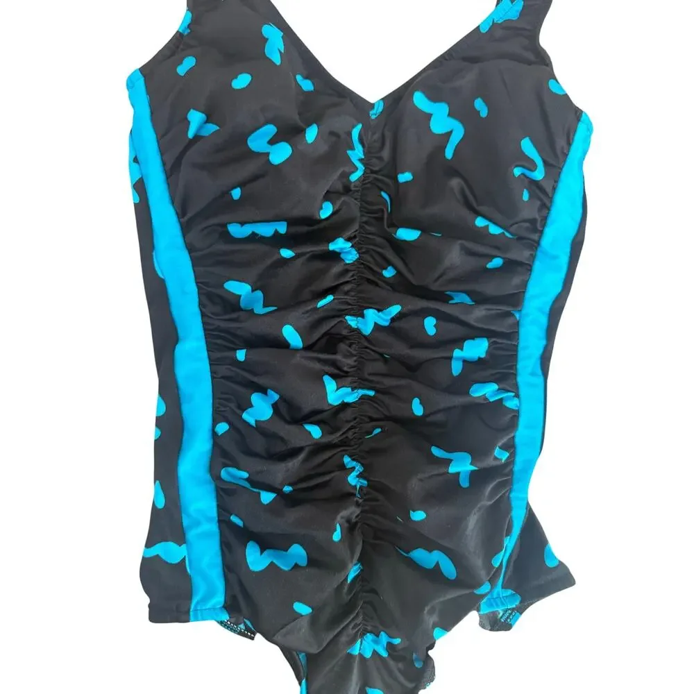 Vintage Maxine of Hollywood Swimsuit Size 14 Black Turquoise Ruched One Piece